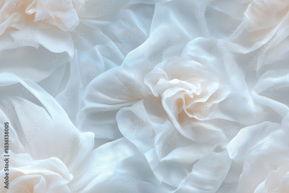 Seamless hyper-realistic pattern of delicate white flowers made of translucent fabric, creating a soft and elegant texture. Ideal for luxury designs, wedding themes, and backgrounds. Seamless hyper-realistic pattern of delicate white flowers made of translucent fabric, creating a soft and elegant texture. Ideal for luxury designs, wedding themes, and backgrounds.