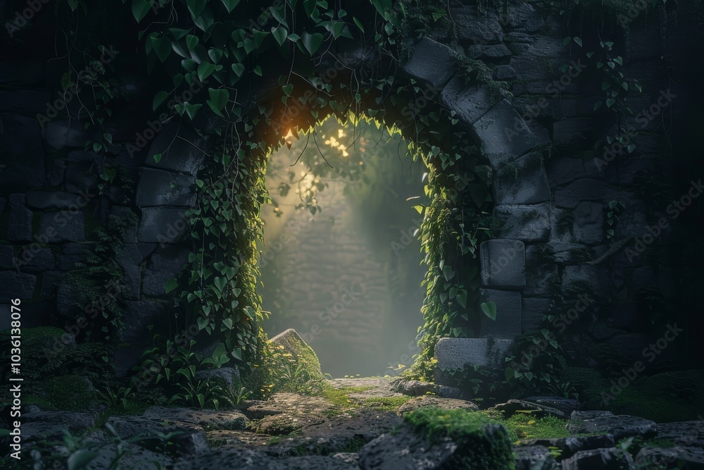 A stone archway covered in ivy leads to a misty, sunlit path. Concept of mystery and exploration. For a fantasy story setting. A stone archway covered in ivy leads to a misty, sunlit path. Concept of mystery and exploration. For a fantasy story setting.