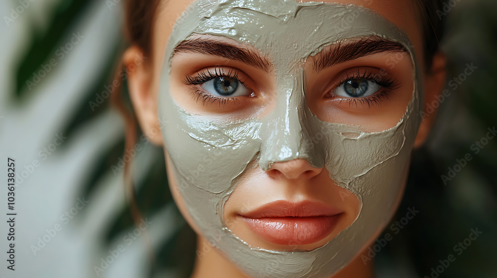 A woman with a clay mask on her face A woman with a clay mask on her face