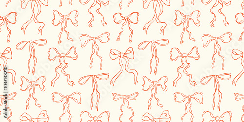Seamless pattern with various hand drawn bow knots and gift ribbons. Minimalist drawing sketch style background. Trendy vintage doodle pattern. Stylish hair braiding accessory. Vector illustration.