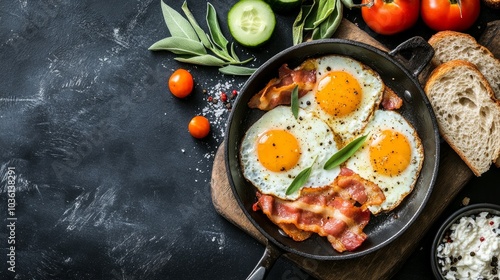 breakfast arrangement. Top view of a pan of cooked eggs with bacon, fresh tomato, cucumber, sage, and bread on a dark serving board with copy space on a black background