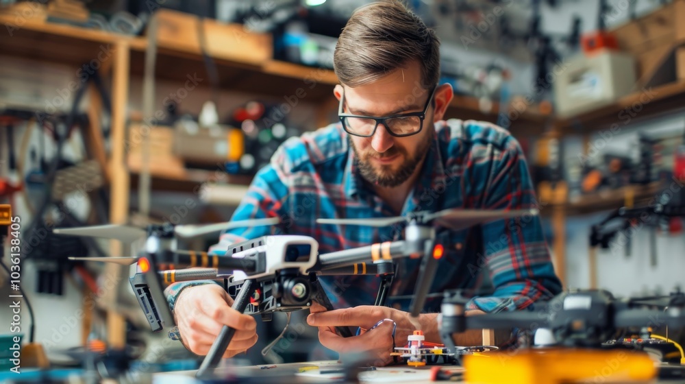 Tech enthusiast building a drone in a workshop Tech enthusiast building a drone in a workshop