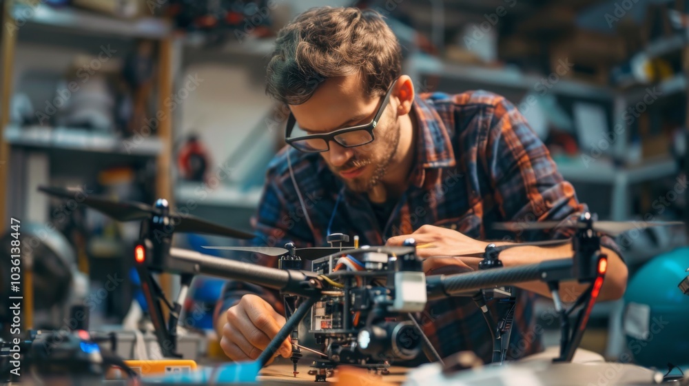 Tech enthusiast building a drone in a workshop Tech enthusiast building a drone in a workshop