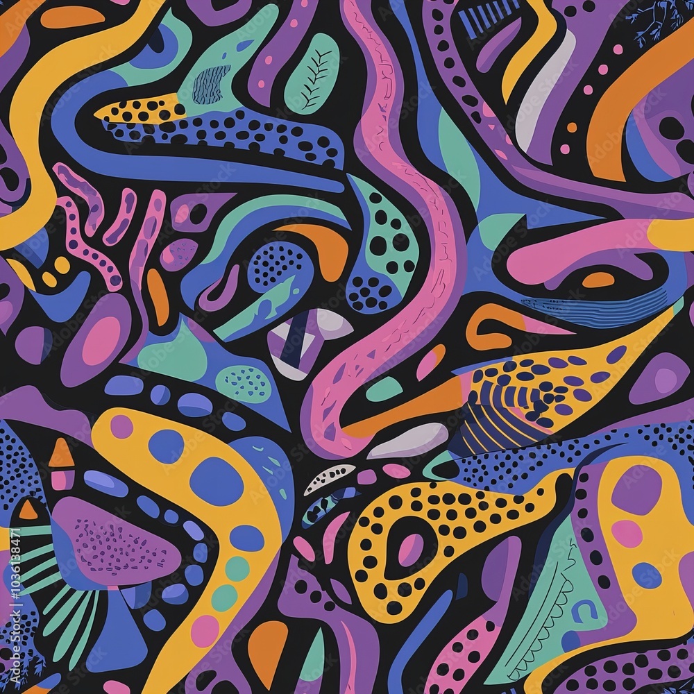 A colorful abstract painting with a lot of dots and swirls A colorful abstract painting with a lot of dots and swirls