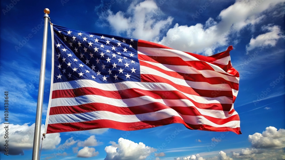 American flag waving in the wind on a sunny day with blue sky and clouds American flag waving in the wind on a sunny day with blue sky and clouds