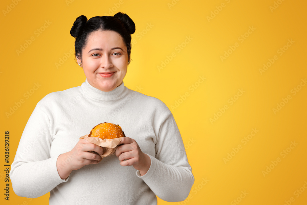Positive Oversize Girl Holding Tasty Hamburger And Smiling At Camera, Posing On Yellow Background With Free Space Positive Oversize Girl Holding Tasty Hamburger And Smiling At Camera, Posing On Yellow Background With Free Space