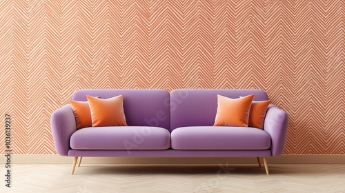 A purple couch with orange pillows sits in front of a wall with a zigzag pattern