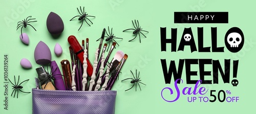 Advertising banner for Halloween sale on mint background