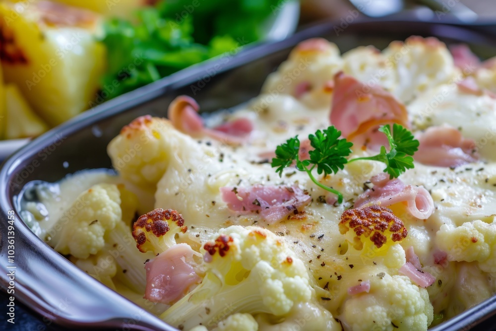 A dish of baked cauliflower with cheese and ham is garnished with parsley. Concept: Comfort food in a home-cooked meal setting. For recipe presentations. A dish of baked cauliflower with cheese and ham is garnished with parsley. Concept: Comfort food in a home-cooked meal setting. For recipe presentations.