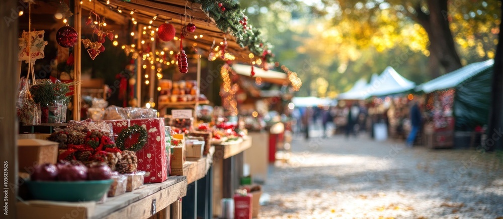 A Christmas market stall with red ornaments, garlands, and lights, showcasing an array of products for sale with a blurred background of people shopping and stalls. A Christmas market stall with red ornaments, garlands, and lights, showcasing an array of products for sale with a blurred background of people shopping and stalls.