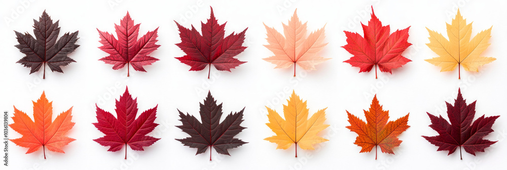 A collection of vibrant maple leaves in various shades of red, orange, and yellow, showcasing the beauty of autumn. A collection of vibrant maple leaves in various shades of red, orange, and yellow, showcasing the beauty of autumn.