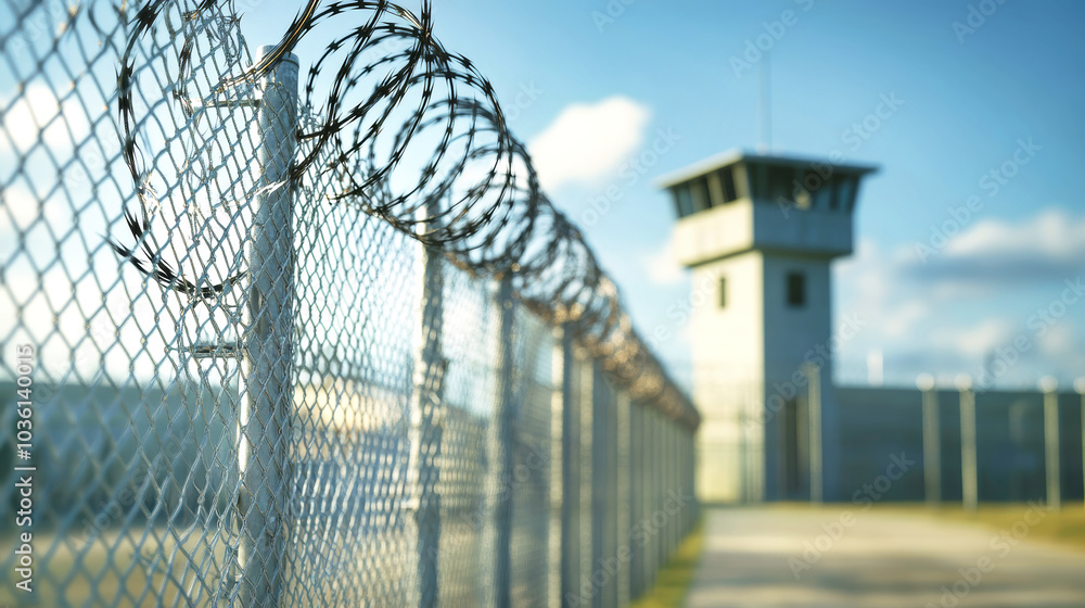 Detailed view of a barbed wire fence with a guard tower in the background, showcasing a secure prison environment during daylight Detailed view of a barbed wire fence with a guard tower in the background, showcasing a secure prison environment during daylight