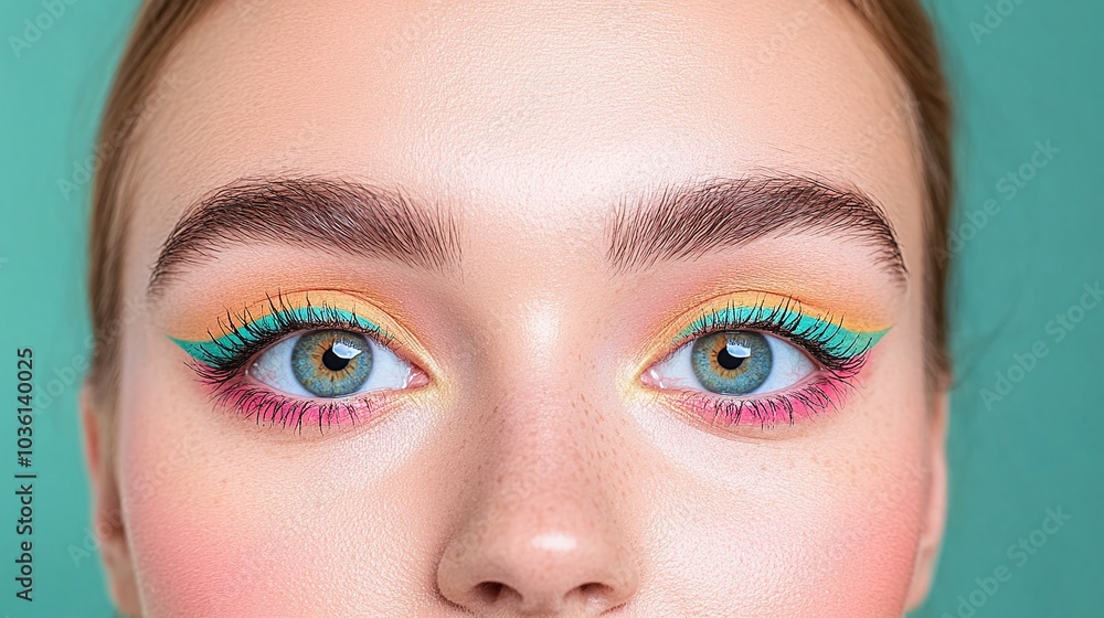 Colorful eye makeup with teal and yellow eyeliner, close-up of woman’s eyes, bright and vibrant beauty portrait, green background, modern artistic beauty photography
Colorful eye makeup with teal and yellow eyeliner, close-up of woman’s eyes, bright and vibrant beauty portrait, green background, modern artistic beauty photography