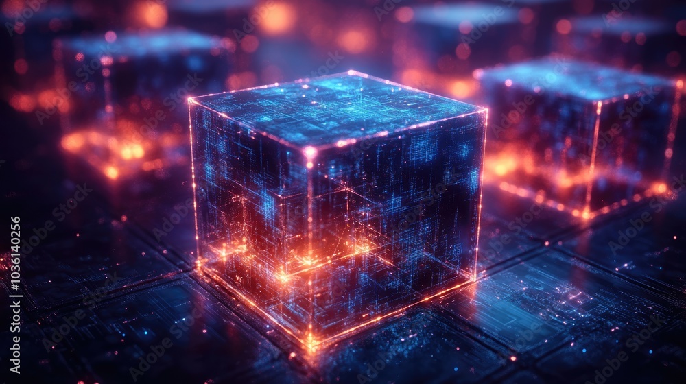 Glowing Cube with Circuitry Pattern in a Futuristic Setting Glowing Cube with Circuitry Pattern in a Futuristic Setting