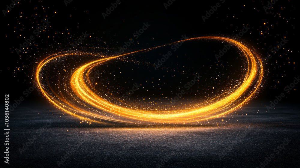 A swirling golden light trail creates a magical effect against a dark background. A swirling golden light trail creates a magical effect against a dark background.