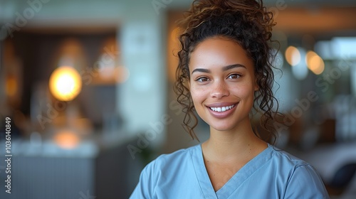 Portrait of a female dentist in dental scrubs, showcasing her expertise and dedication in a clinical setting, smiling confidently, with dental tools and equipment in the background.