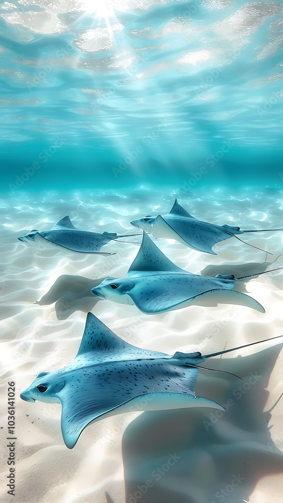 Underwater Scene with Manta Rays Swimming in Sunlit Waters Underwater Scene with Manta Rays Swimming in Sunlit Waters