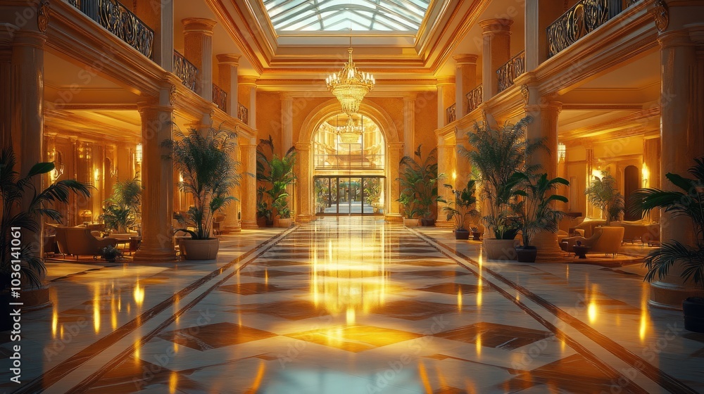 Fototapeta premium Golden Grand Foyer with Marble Floor and Palm Trees