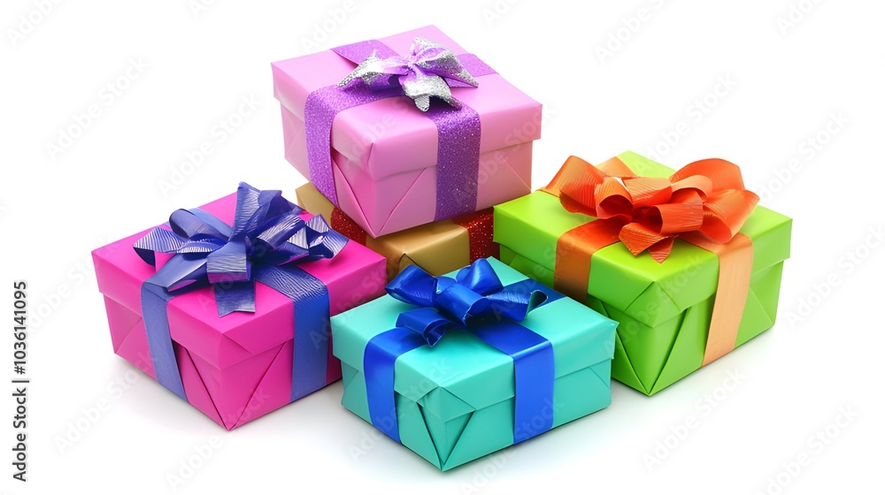 Small stack of wrapped presents with colorful bows Small stack of wrapped presents with colorful bows
