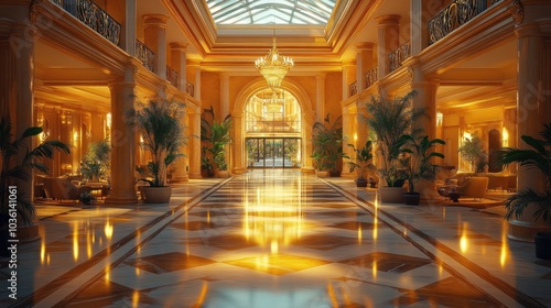 Golden Grand Foyer with Marble Floor and Palm Trees