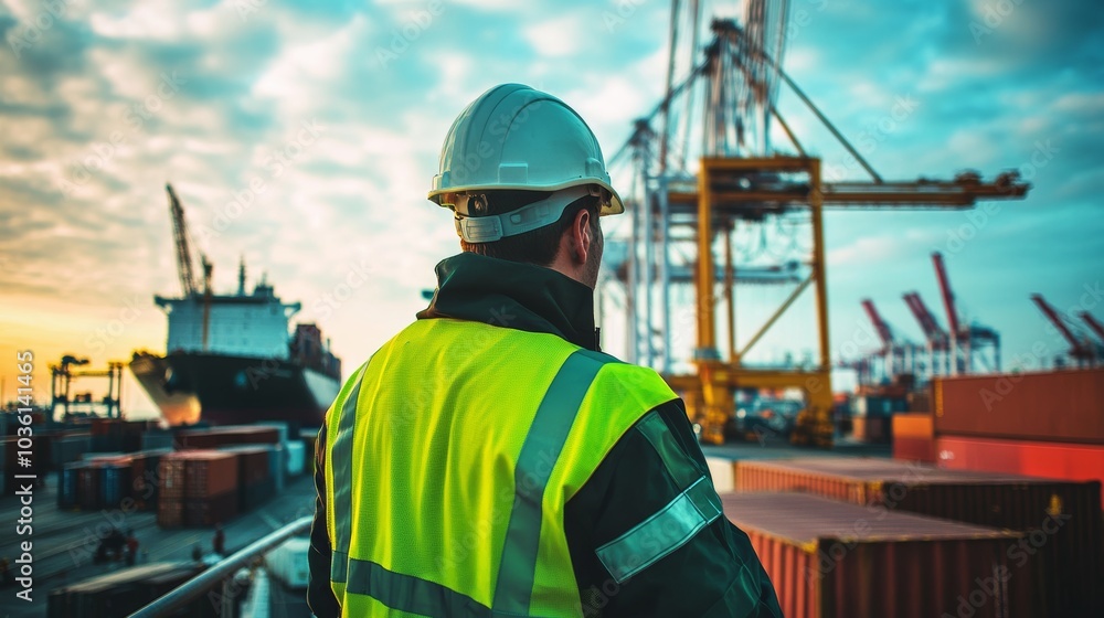 A dock worker in a high-visibility jacket and hard hat, checking containers with a cargo ship and cranes in the background, Port logistics scene A dock worker in a high-visibility jacket and hard hat, checking containers with a cargo ship and cranes in the background, Port logistics scene