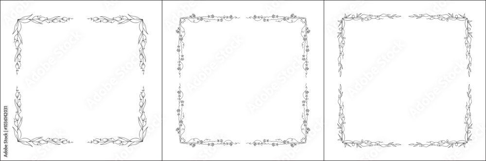 Set of three vector decorative frames, vegetal ornamental frame with flowers, decorative border, corners. Isolated vector illustration. Set of three vector decorative frames, vegetal ornamental frame with flowers, decorative border, corners. Isolated vector illustration.