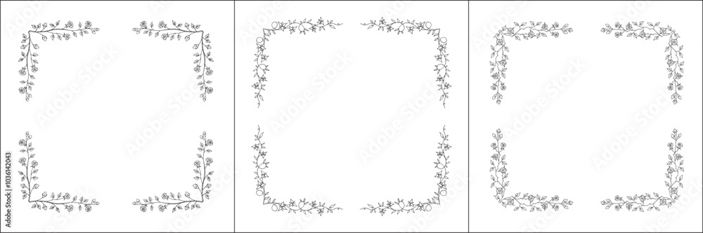 Set of three vector decorative frames, vegetal ornamental frame with flowers, decorative border, corners. Isolated vector illustration. Set of three vector decorative frames, vegetal ornamental frame with flowers, decorative border, corners. Isolated vector illustration.