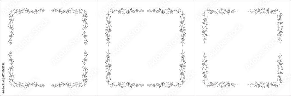 Fototapeta premium Set of three vector decorative frames, vegetal ornamental frame with flowers, decorative border, corners. Isolated vector illustration.
