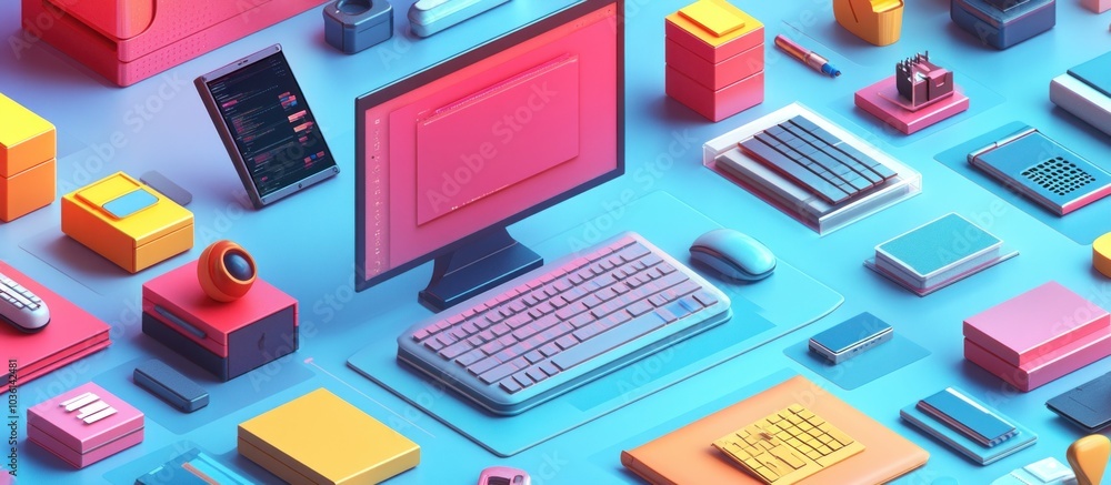 Isometric view of a modern desk with a computer, keyboard, mouse, smartphone, and various office supplies on a blue background. Isometric view of a modern desk with a computer, keyboard, mouse, smartphone, and various office supplies on a blue background.