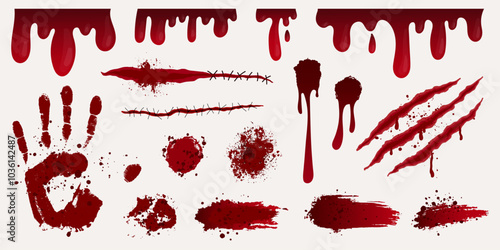 Cuts and wounds of various shapes, palm print. Tissue tears, realistic scars, splashes and blood stains, realistic claw marks. Torn claw marks, stitches.