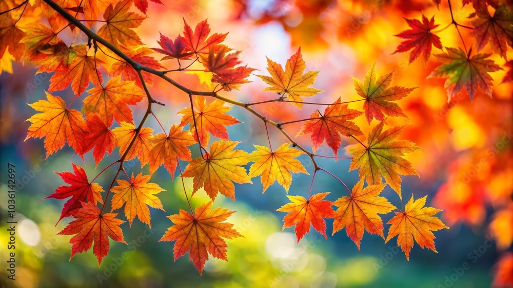 Maple tree branch with colorful leaves is glowing in the sunshine of a beautiful autumn day Maple tree branch with colorful leaves is glowing in the sunshine of a beautiful autumn day