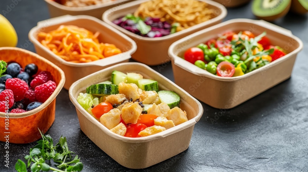 cooked meals in environmentally friendly paper containers. Deliveries of food to the office or home. Noodles, fruit salads, and vegetable cooked meals in environmentally friendly paper containers. Deliveries of food to the office or home. Noodles, fruit salads, and vegetable