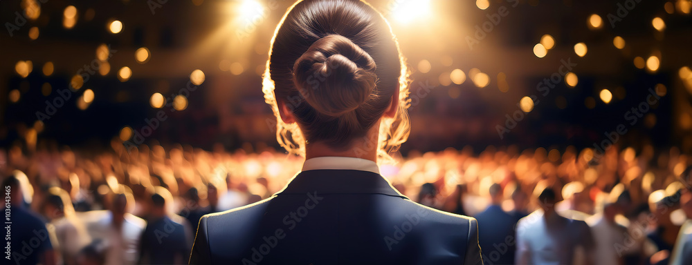 Back view of woman standing in front of an audience under stage lights