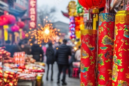 Colorful Chinese New Year market with lanterns