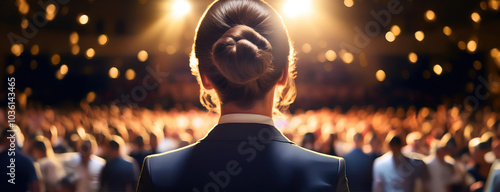 Obraz na płótnie Back view of woman standing in front of an audience under stage lights w salonie