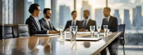 Obraz na płótnie Business meeting with a glass of water in focus on the table. Group of people discussing a deal during negotiations in an office. Panorama with copy space. w salonie