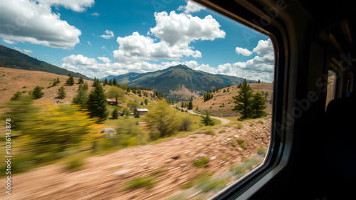 A train window with a beautiful view, the feeling of moving in the picture. Generative AI