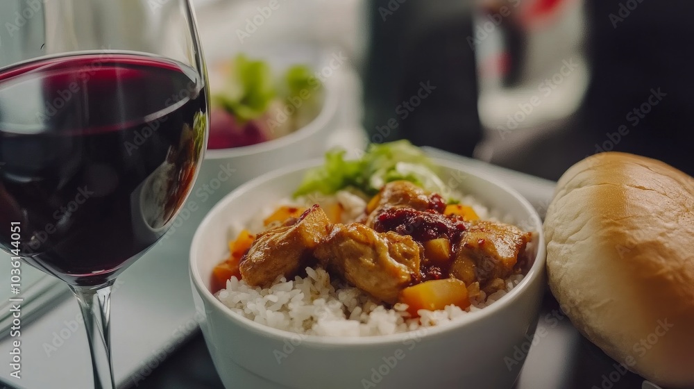 Asian set dinner given aboard airplanes, including rice and spicy chicken, as well as appetizers, desserts, buns, and red wine Asian set dinner given aboard airplanes, including rice and spicy chicken, as well as appetizers, desserts, buns, and red wine