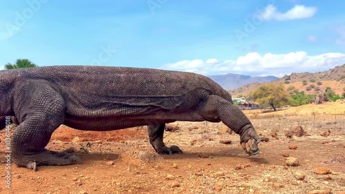 A komodo varan walks around the island.