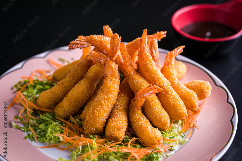 Crispy Fried Shrimp with Fresh Lettuce and Carrot Garnish Crispy Fried Shrimp with Fresh Lettuce and Carrot Garnish