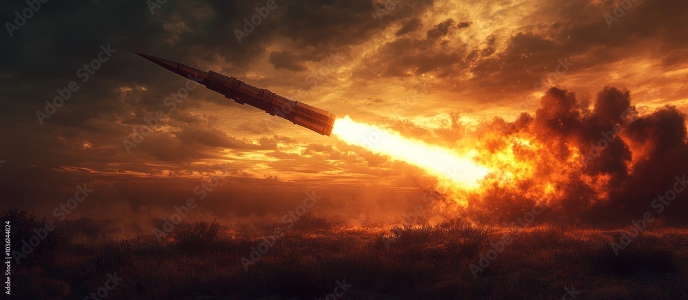 Fototapeta premium A missile launches into the air with a bright trail of smoke as it ascends into the dark sky, with a cloudy sunset behind it.