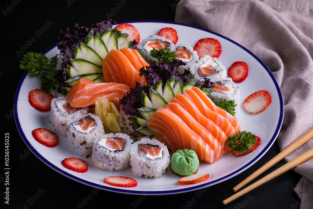 Elegant Japanese Sushi Platter with Fresh Salmon and Vegetables Elegant Japanese Sushi Platter with Fresh Salmon and Vegetables
