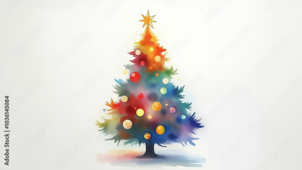 Obraz premium Vibrant Christmas tree with colorful lights set against a misty winter backdrop, perfect for holiday cards and festive decor inspiration.