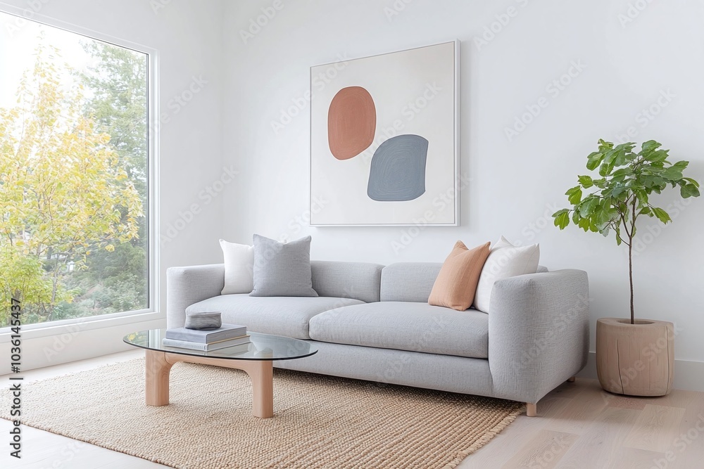 Fototapeta premium Modern living room, neutral palette, gray sofa, large windows, glass coffee table, indoor plants, minimalist decor, airy design, cozy and bright atmosphere, clean interior
