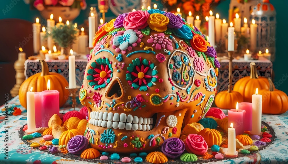 Naklejka premium halloween skull and candles, bread of the dead, pan de muerto, mexican tradition, created with generative A.I.