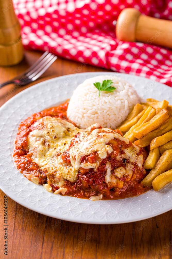 Delicious Chicken Parmesan with Rice and Golden Fries on Plate Delicious Chicken Parmesan with Rice and Golden Fries on Plate