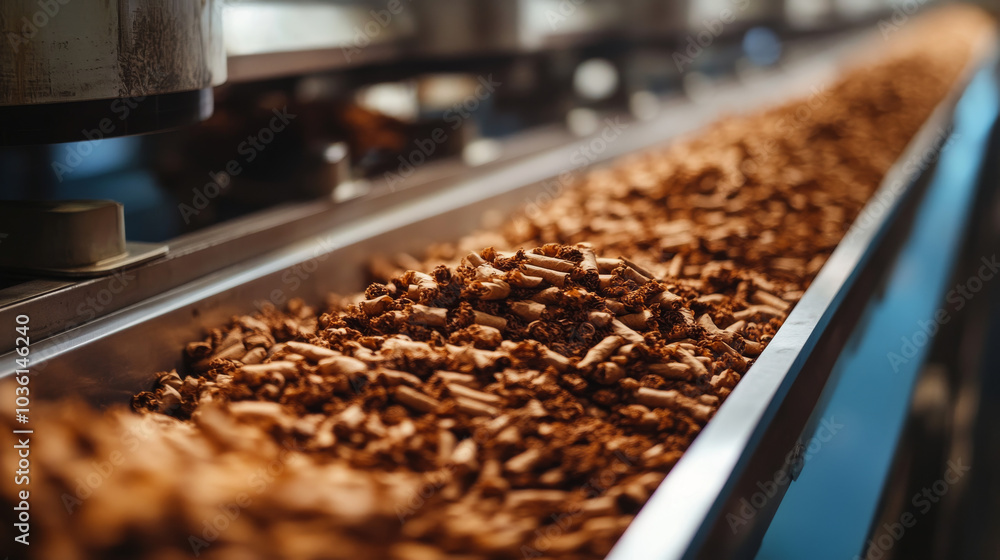Cigarettes are being made in a factory, with tobacco moving along a machine belt. Cigarettes are being made in a factory, with tobacco moving along a machine belt.
