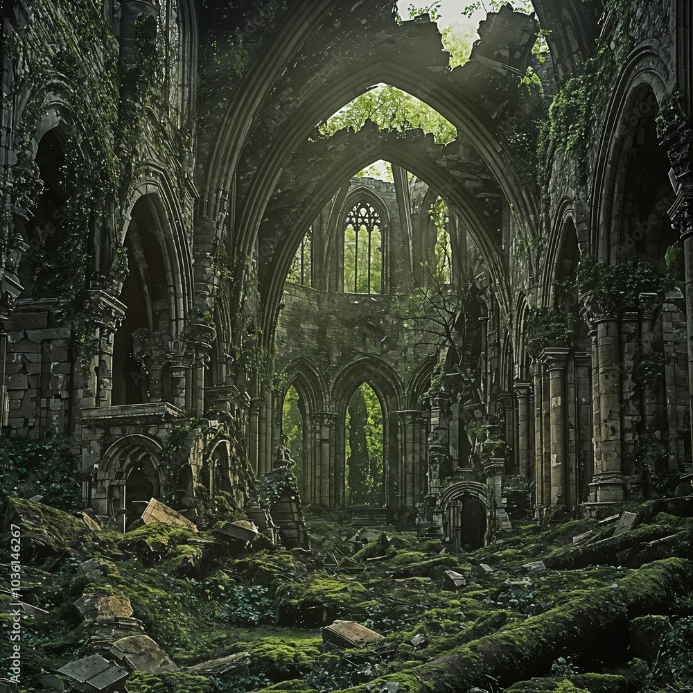 Obraz premium Verdant Cathedral: Nature Reclaims the Forgotten. Generative AI