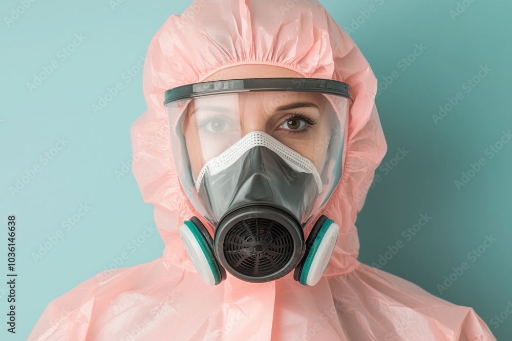 Woman in pink protective suit, wearing respirator, safety glasses. Portrait of a person in personal protection mask, plastic coveralls. Close-up, isolated on a blue background. Woman in pink protective suit, wearing respirator, safety glasses. Portrait of a person in personal protection mask, plastic coveralls. Close-up, isolated on a blue background.