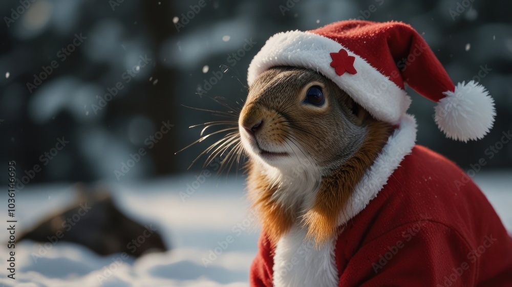 A cute rabbit wearing a Santa Claus suit and hat, looking up at the snow falling in the background. A cute rabbit wearing a Santa Claus suit and hat, looking up at the snow falling in the background.